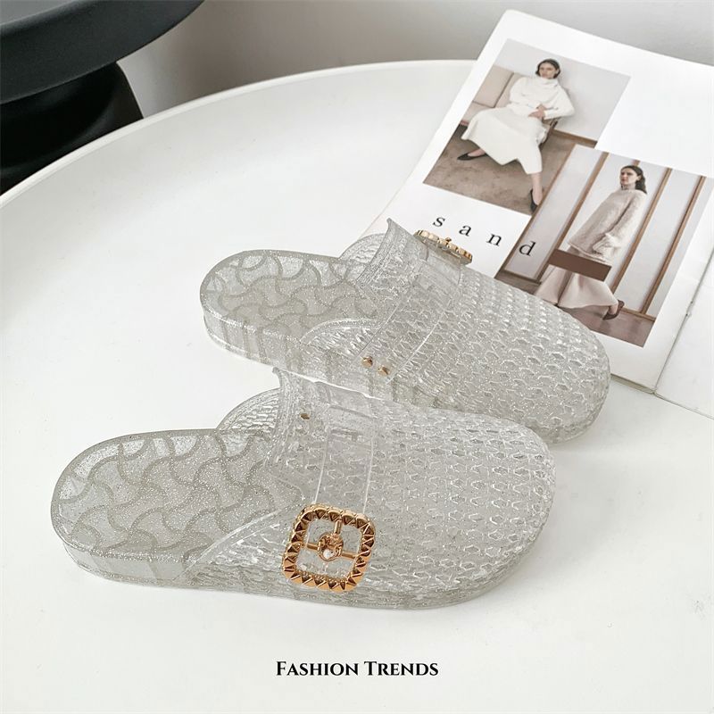 White crystal buckle mules